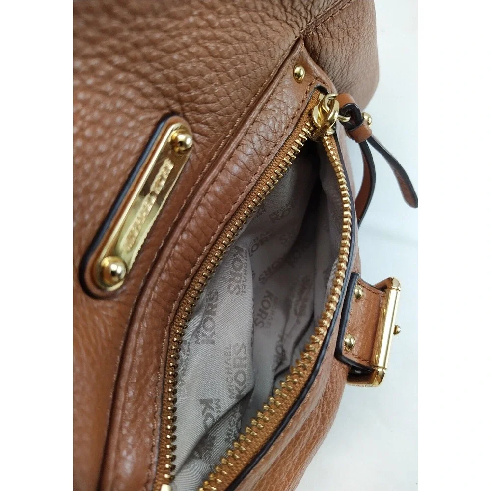 Michael Kors Fulton Brown Pebbled Leather Buckle Pocket Zipper Hobo Shoulder Bag